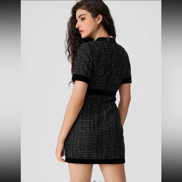 Tweed Round Neckline Solid Metallic Button Mini Dress - Picture 6 of 10